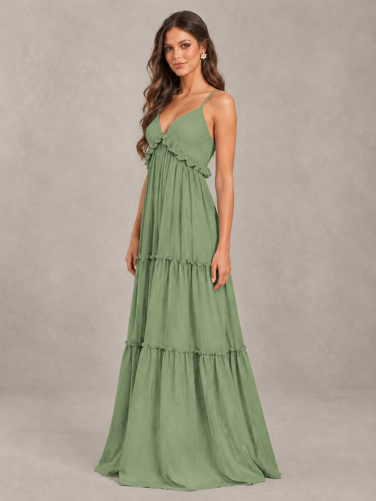 BOLODOO Sage Green Tiered V-Neck Lace-Up Back Bridesmaid Dress - Sage Green - Sage Green (3)