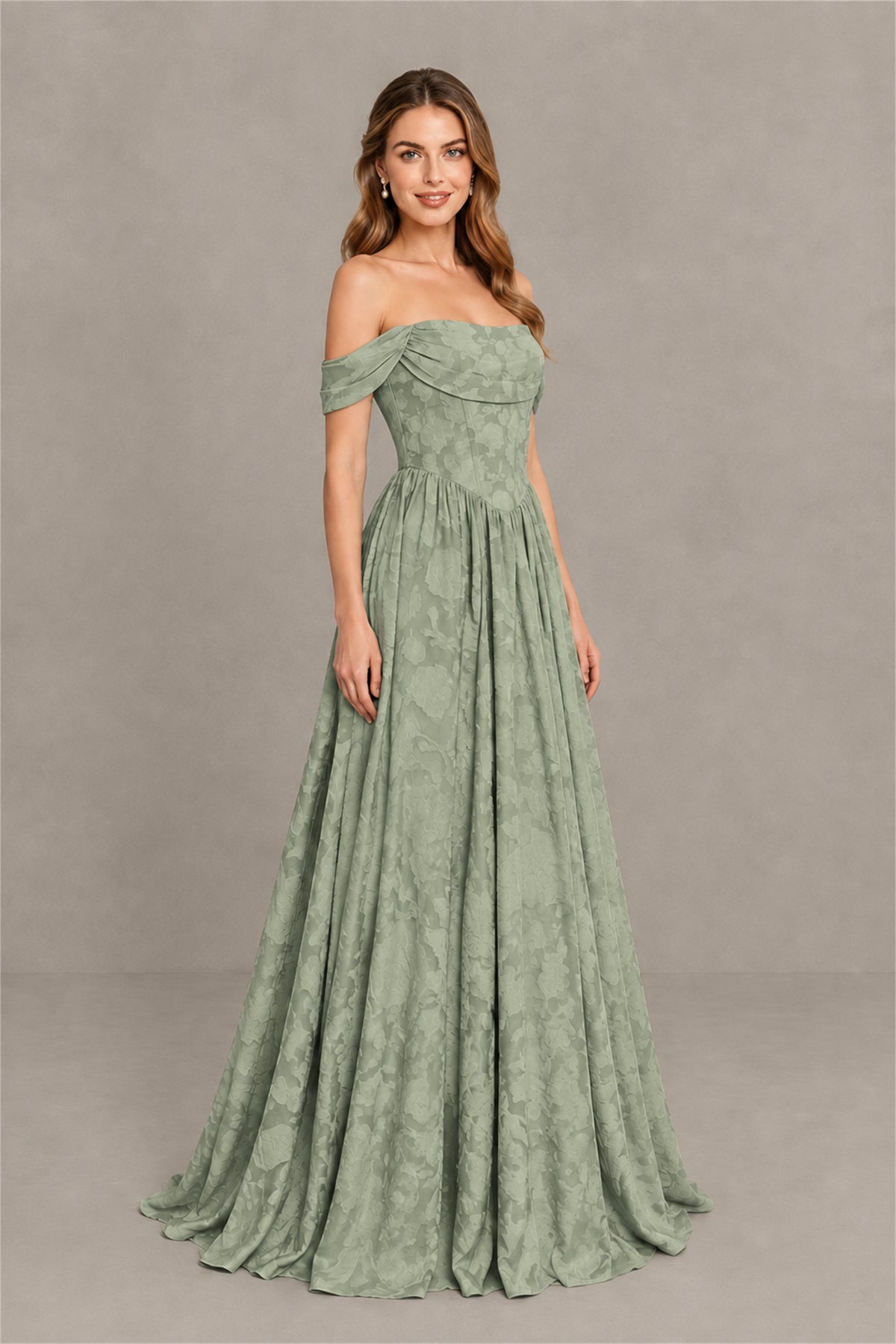 BOLODOO Sage Green Off-Shoulder Floral A-Line Maxi Dress - Sage Green