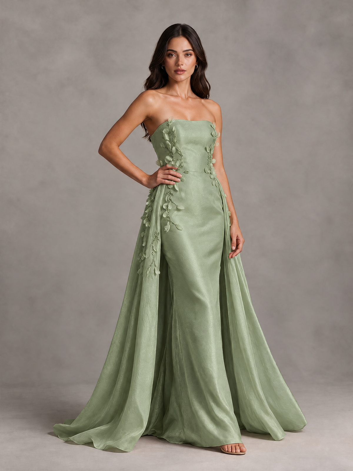 BOLODOO Sage Green Strapless Floral Applique Prom Dress with Overskirt - Sage Green - Sage Green (3)