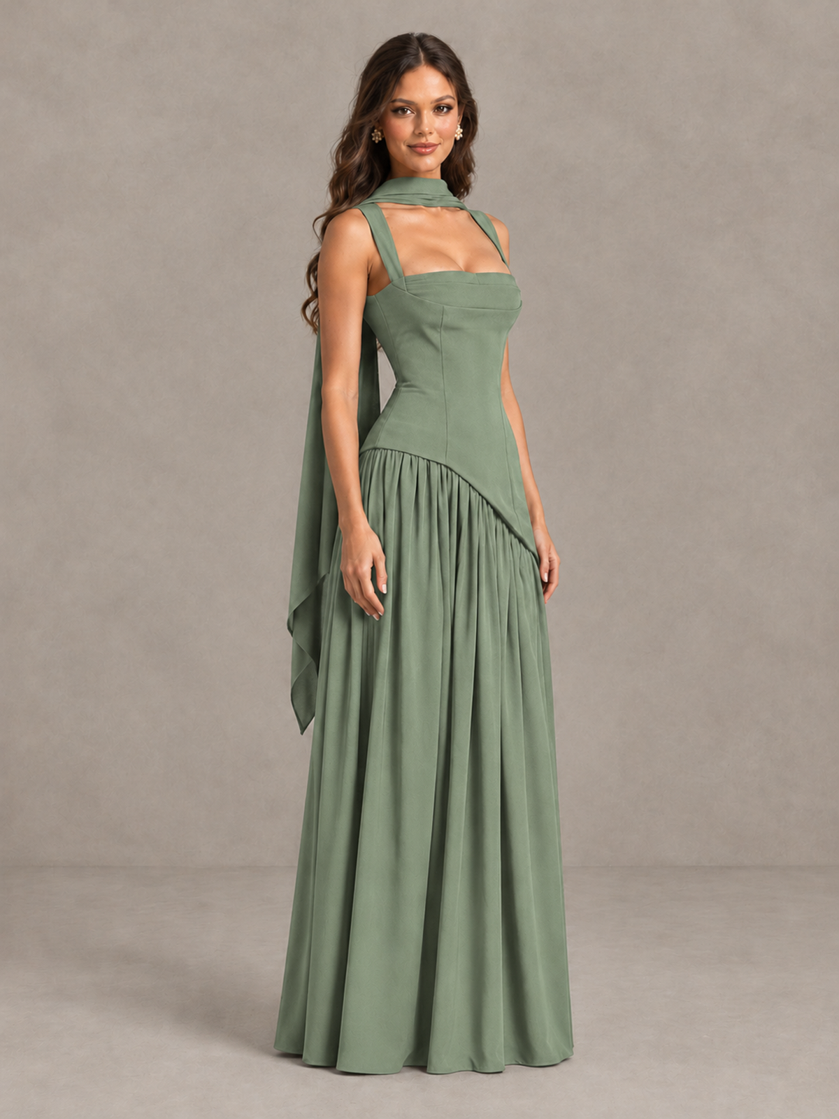 BOLODOO Sage Green Brown Scarf Bridesmaid Dress with Lace-Up Back - Sage Green - Sage Green (3)