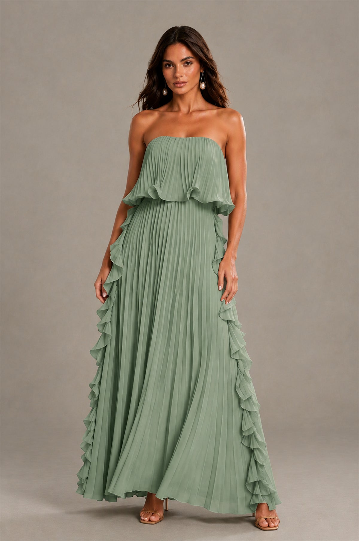 BOLODOO Sage Green Strapless Ruffle Bodice Dual Cascading Ruffle Accordion Pleated Chiffon Maxi Dress - Sage Green