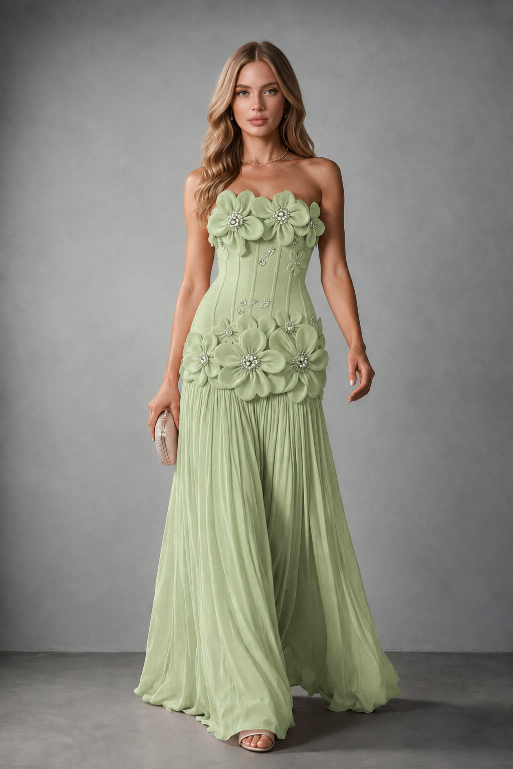 BOLODOO Sage Green Strapless Floral Appliqué Evening Gown - Sage Green