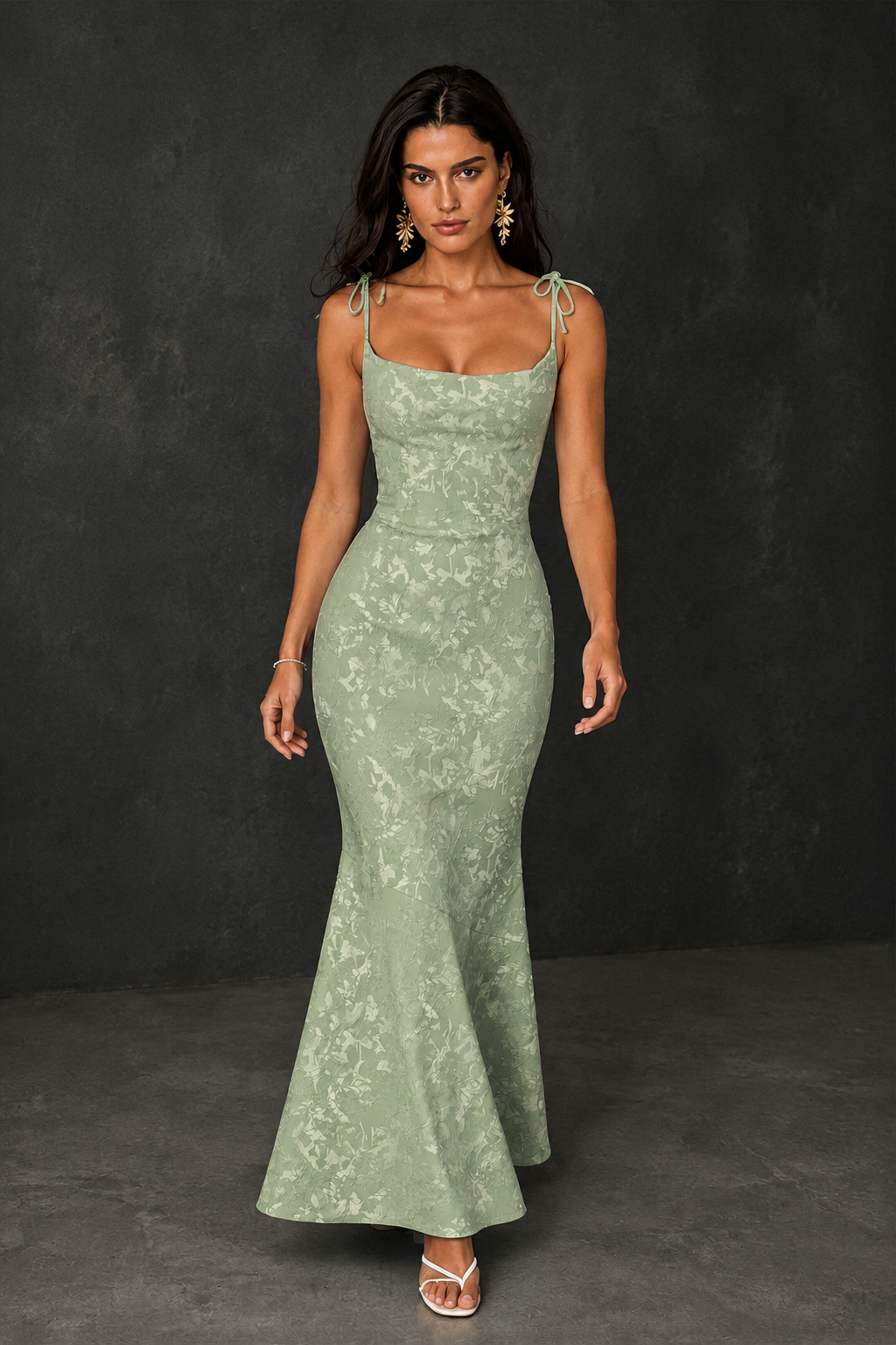 BOLODOO Sage Green Scoop Neck Tie Strap Lace-Up Back Floral Jacquard Mermaid Maxi Dress - Sage Green