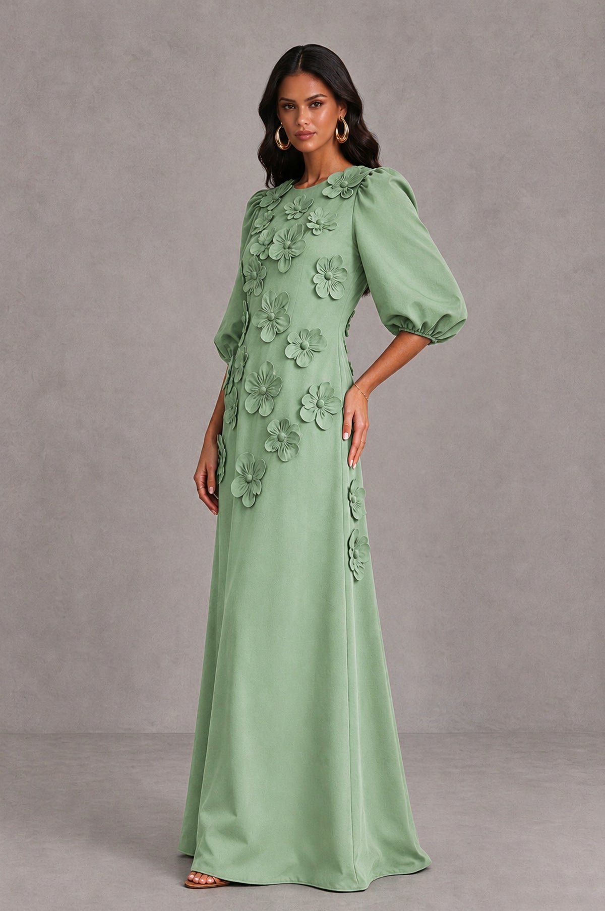 BOLODOO Sage Green Floral Applique Puff Sleeve A-Line Evening Dress - Sage Green - Sage Green (4)