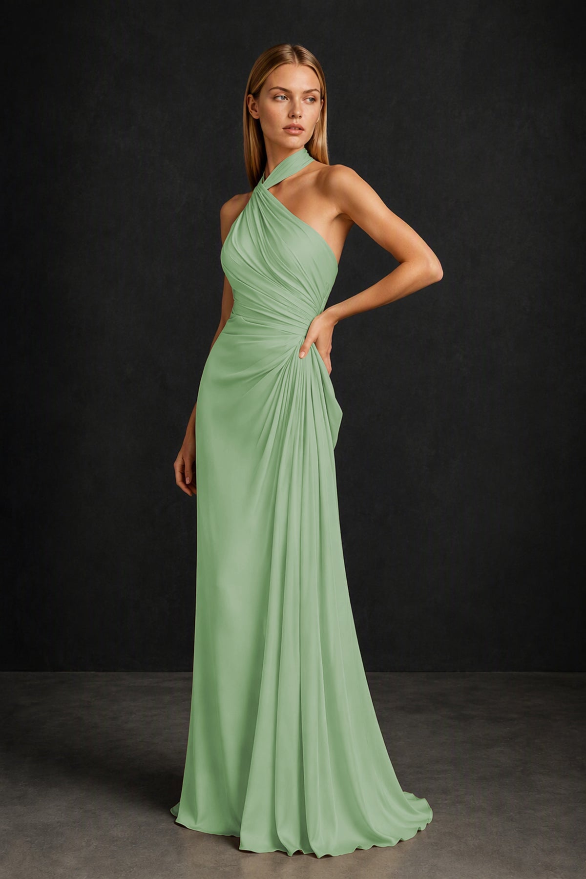 BOLODOO Sage Green Twisted Halter Neck Ruched Sleeveless Open Back Floor-Length Gown - Sage Green