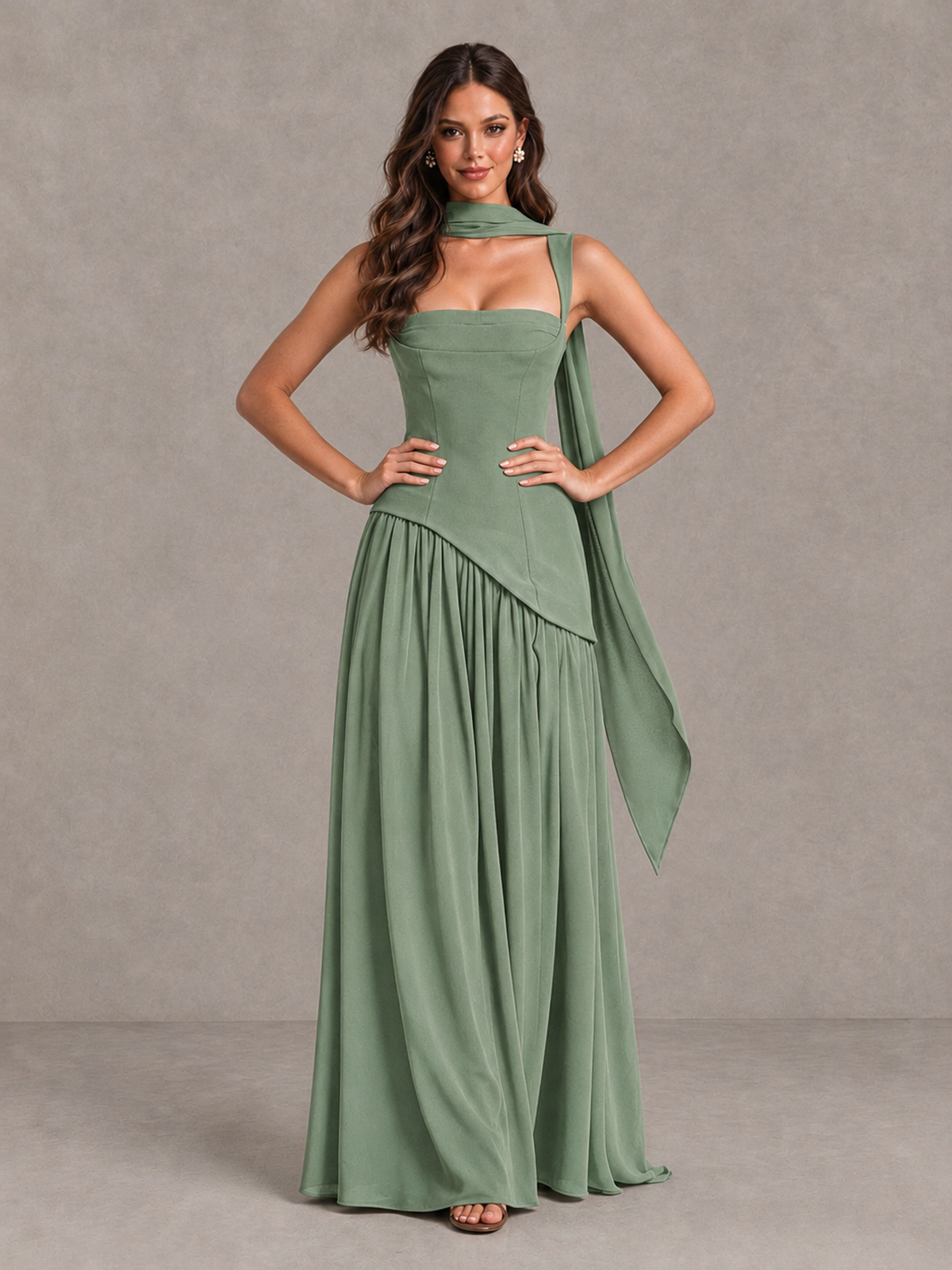 BOLODOO Sage Green Brown Scarf Bridesmaid Dress with Lace-Up Back - Sage Green - Sage Green (4)