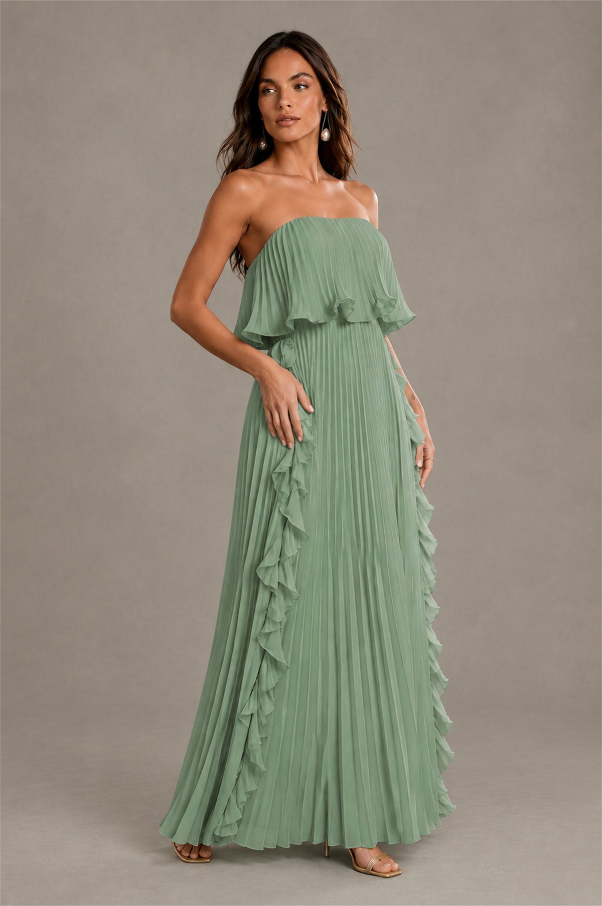 BOLODOO Sage Green Strapless Ruffle Bodice Dual Cascading Ruffle Accordion Pleated Chiffon Maxi Dress - Sage Green