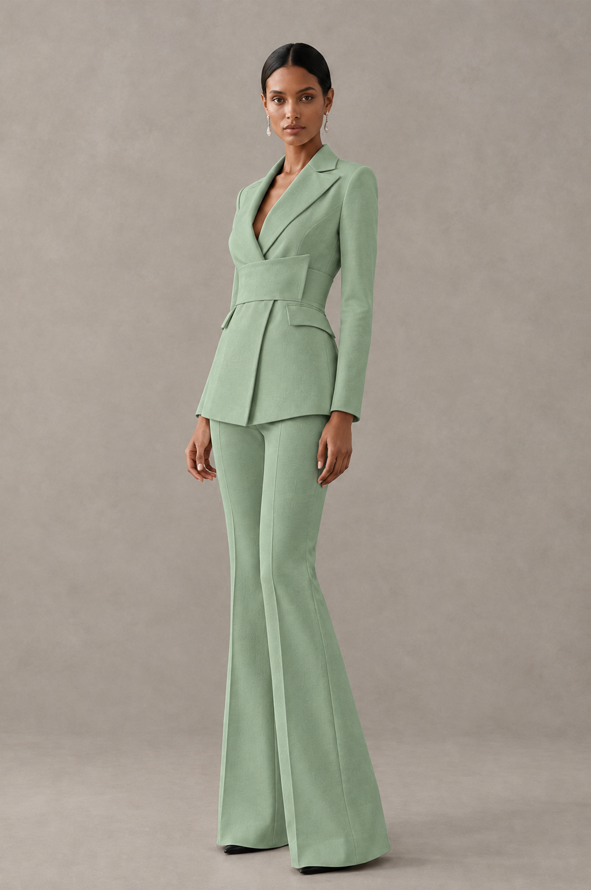 BOLODOO Sage Green Two-Piece Pantsuit with Tailored Blazer & Flared Pants - Sage Green - Sage Green (4)