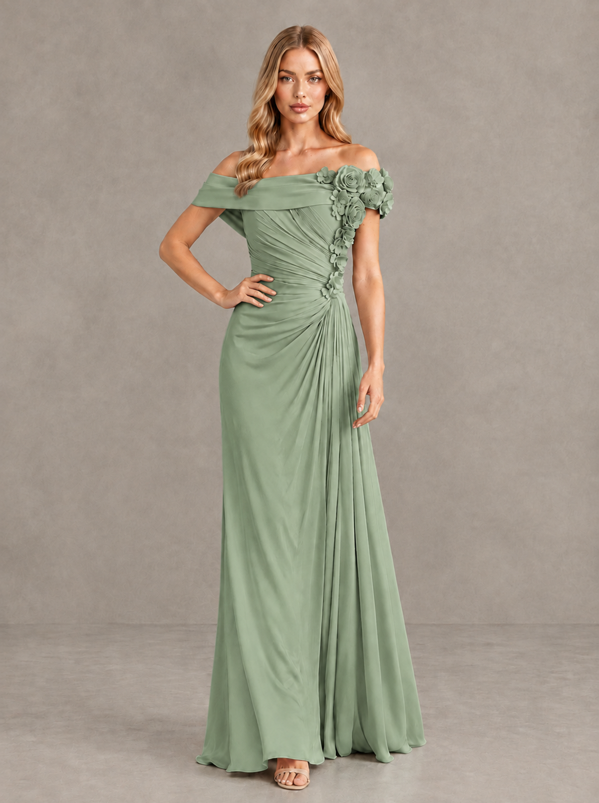 BOLODOO Sage Green Off-Shoulder Floral Applique Wedding Guest Maxi Dress - Sage Green - Sage Green (4)