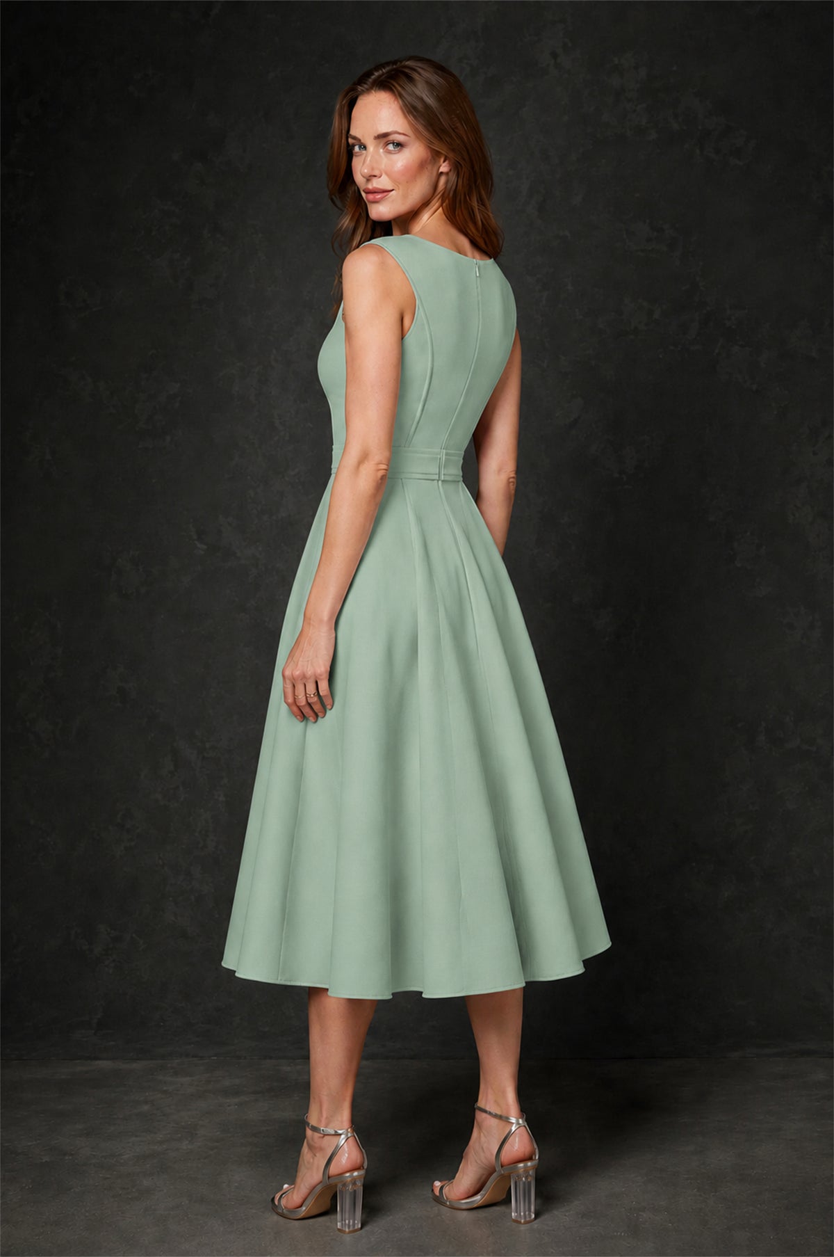 BOLODOO Sage Green 3D Rosette Appliqué 3/4 Sleeve Jacket & V-Notch Sleeveless A-Line Tea-Length Two-Piece Dress Set - Sage Green