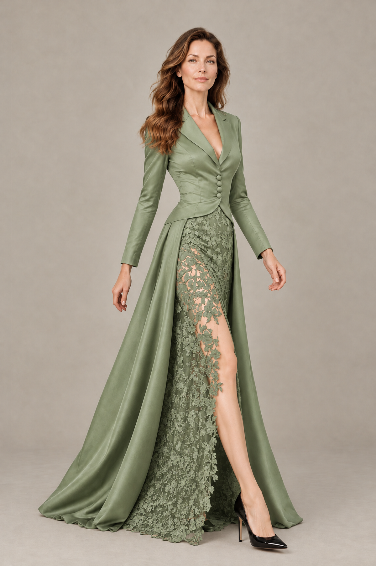 BOLODOO Sage Green Long Sleeve Lace Blazer Gown with High Slit - Sage Green - Sage Green (4)