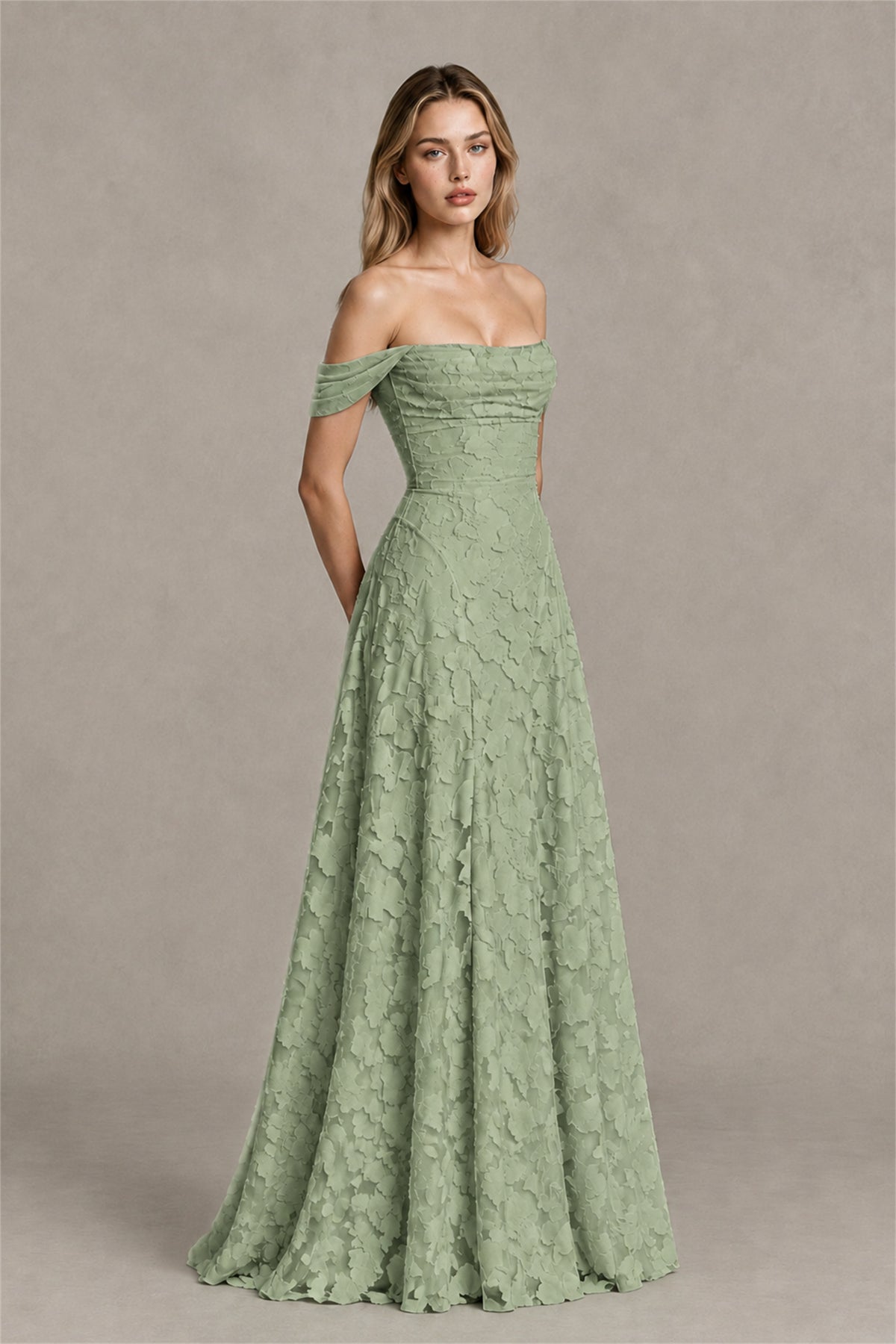 BOLODOO Sage Green Off-Shoulder Pleated A-Line Maxi Dress Floral - Sage Green