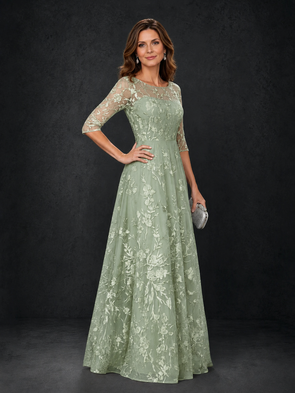 BOLODOO Sage Green Illusion Bateau Neck 3/4 Sleeve Floral Lace A-Line Mother of the Bride Dress MX007 - Sage Green