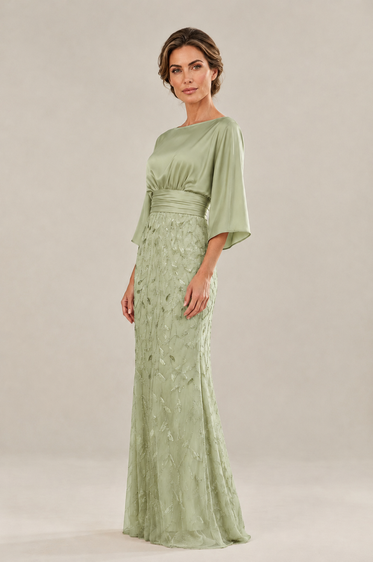 BOLODOO Sage Green Mother of the Bride Dress with Kimono Sleeves, Satin Bodice & Sequin Embroidered Mermaid Floor-Length Gown - Sage Green - Sage Green (4)