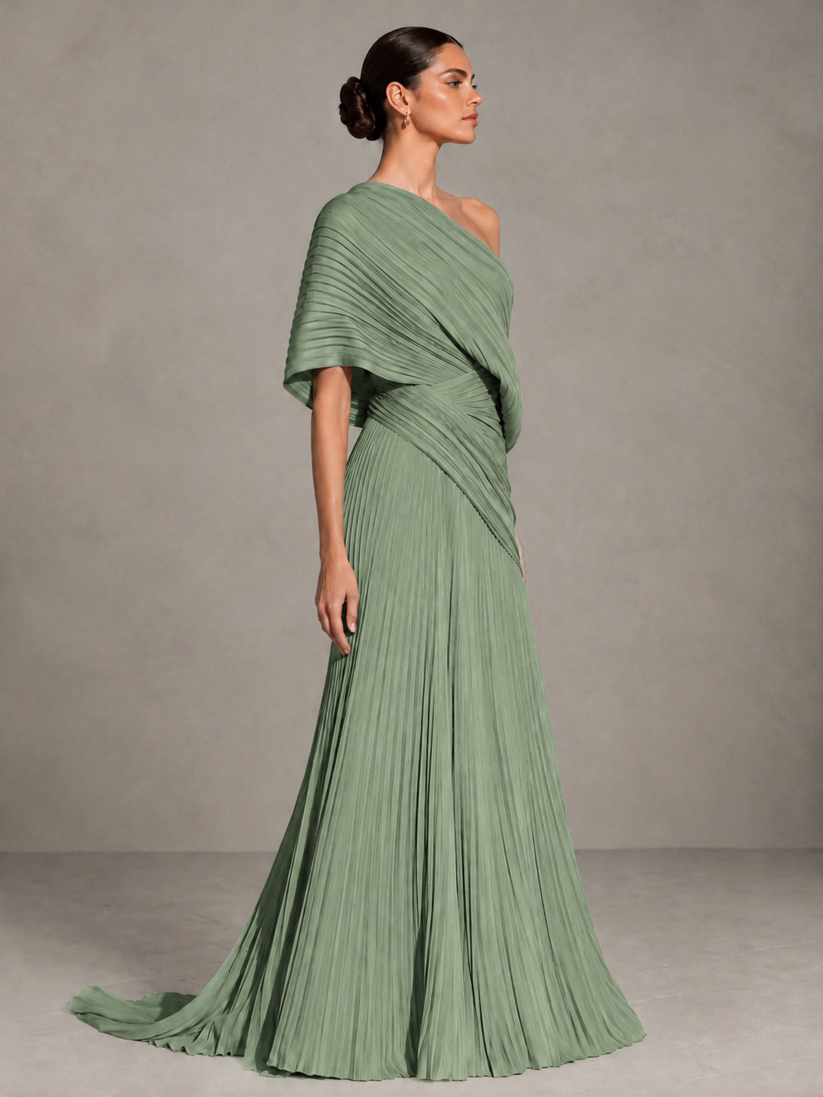 BOLODOO Sage Green One-Shoulder Pleated Cape Evening Gown with Train - Sage Green - Sage Green (4)