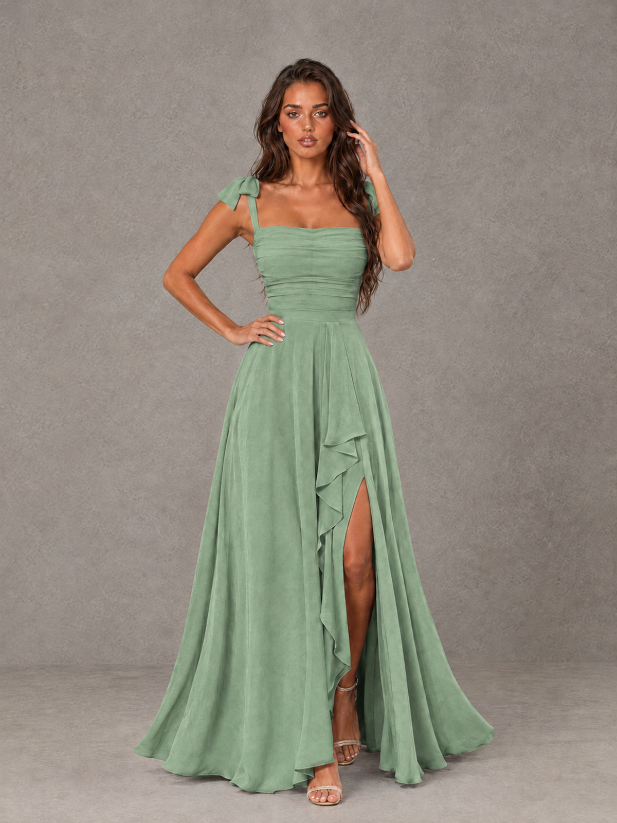 BOLODOO Sage Green Bow-Strap Bridesmaid Dress with Ruffle Slit - Sage Green - Sage Green (4)