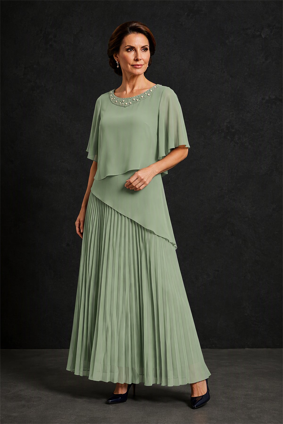 BOLODOO Sage Green Pearl Beaded Neck Asymmetric Tiered Flutter Sleeve Pleated Chiffon Maxi Dress - Sage Green