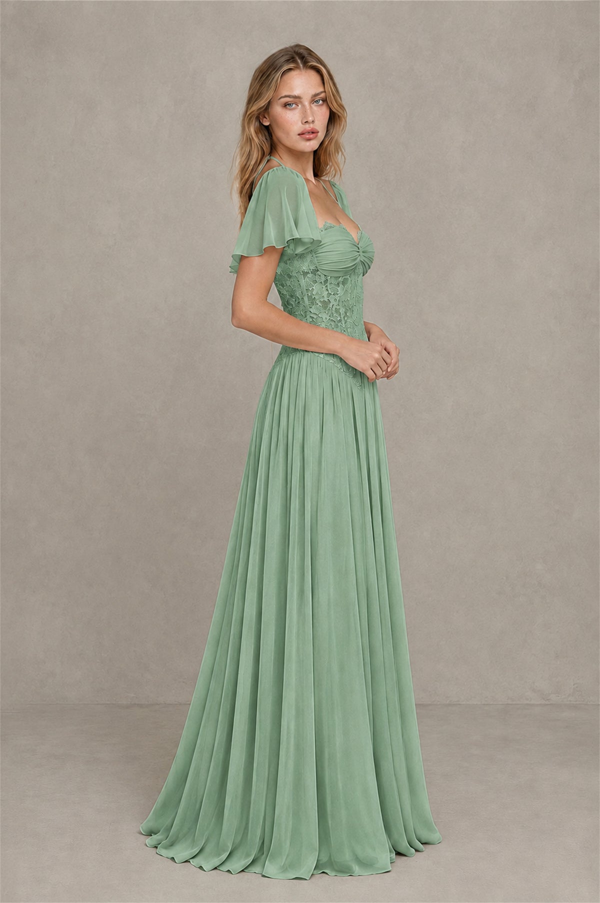 BOLODOO Sage Green Flutter Sleeve Lace Corset A-Line Maxi Dress - Sage Green - Sage Green (4)