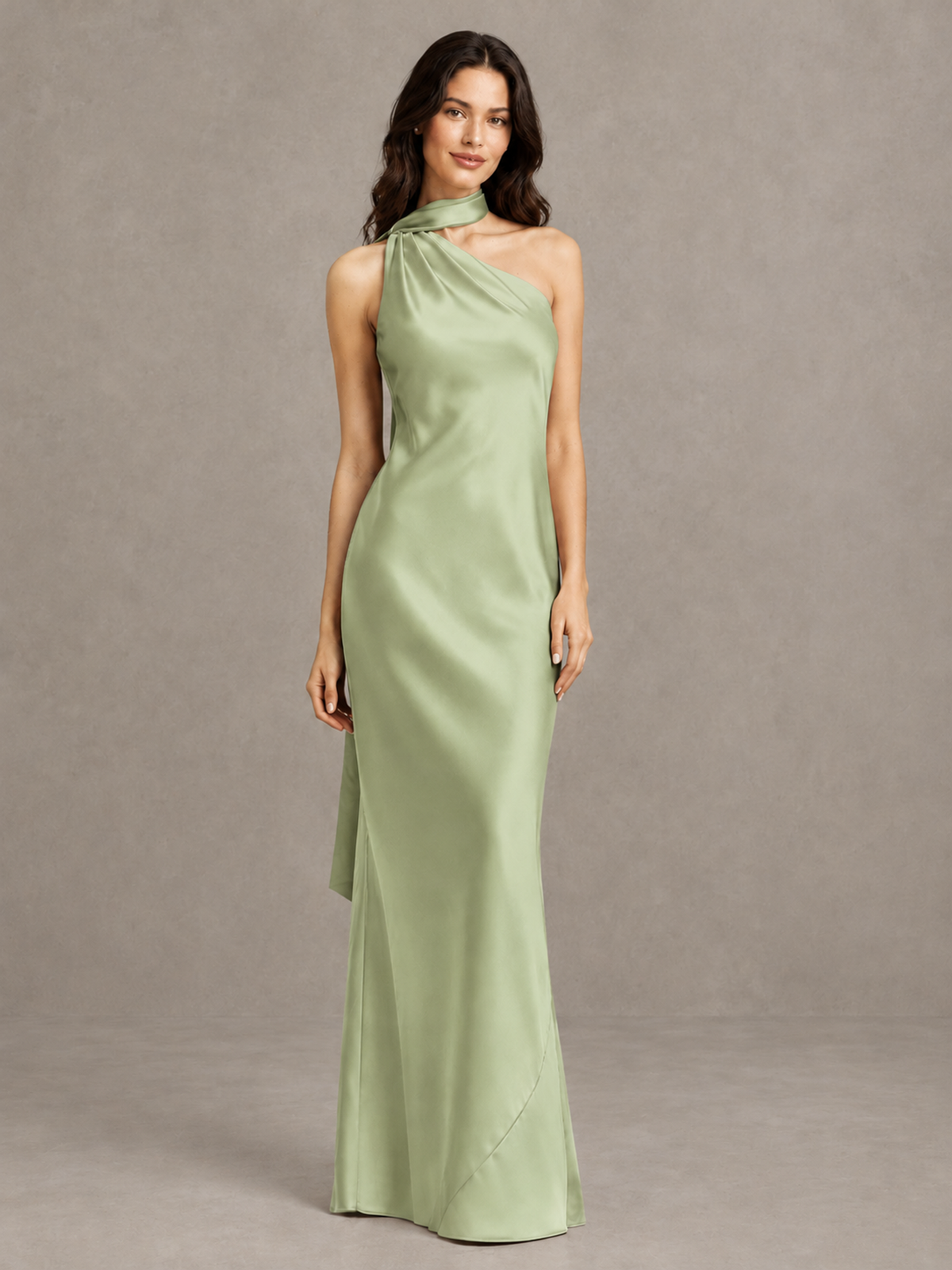 BOLODOO Sage Green Satin One-Shoulder Bridesmaid Dress with Open Back - Sage Green - Sage Green (4)
