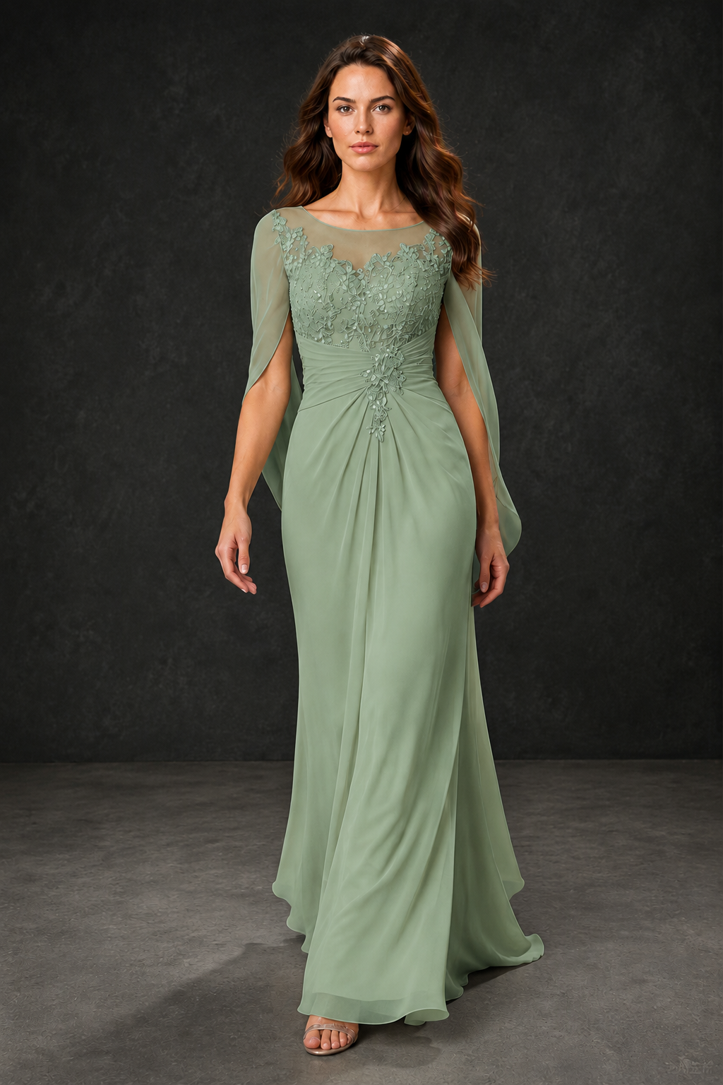 BOLODOO Sage Green Illusion Lace One-Side Cape Sleeve Beaded Chiffon Floor Length Gown | Mother of the Bride Evening Dress - Sage Green