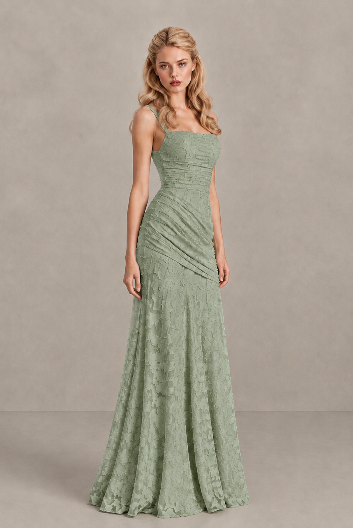 BOLODOO Sage Green Ruched Floral Maxi Dress with Lace-Up Back - Sage Green