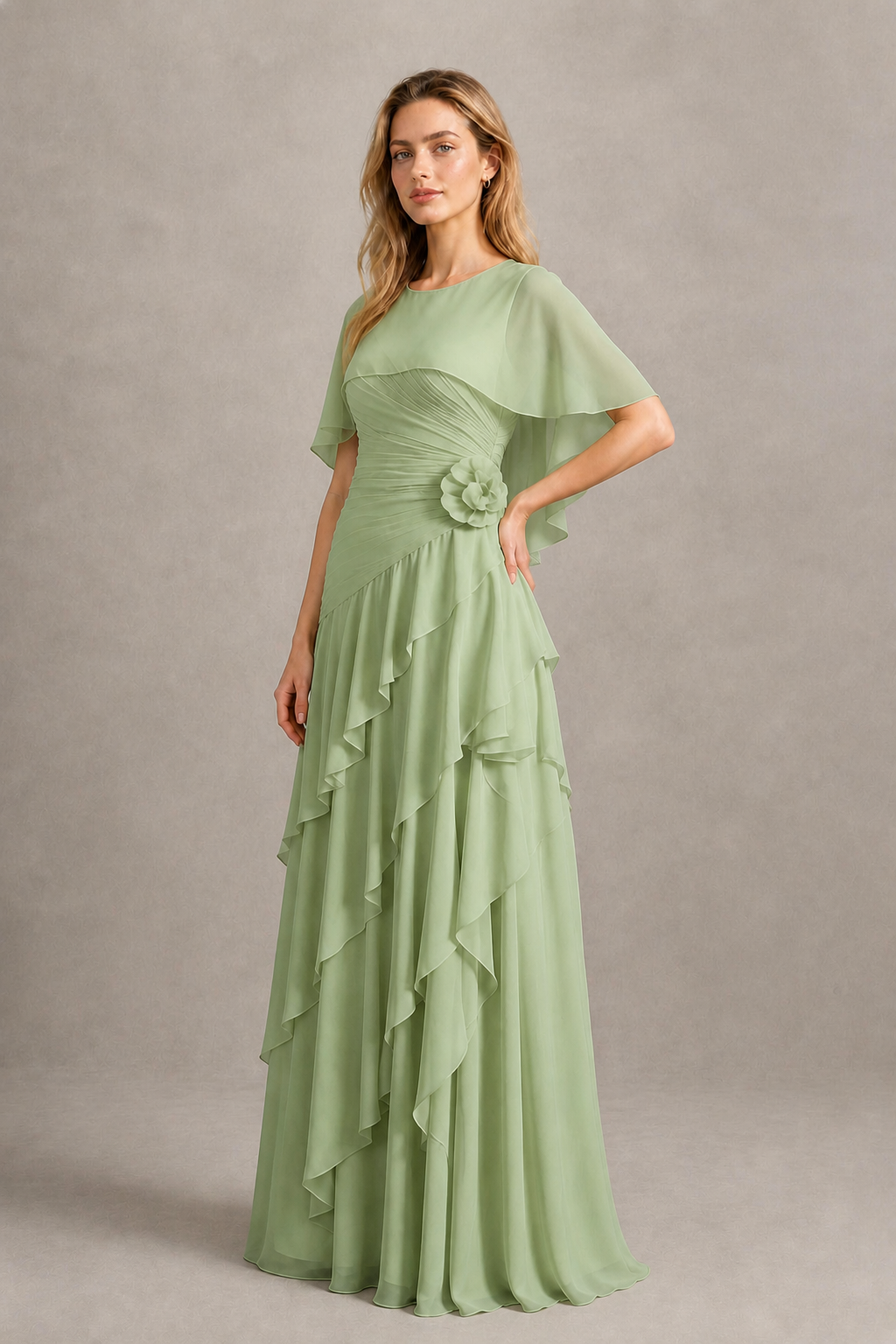 BOLODOO Sage Green Chiffon Flutter Sleeve Tiered Maxi Dress with 3D Rosette - Sage Green