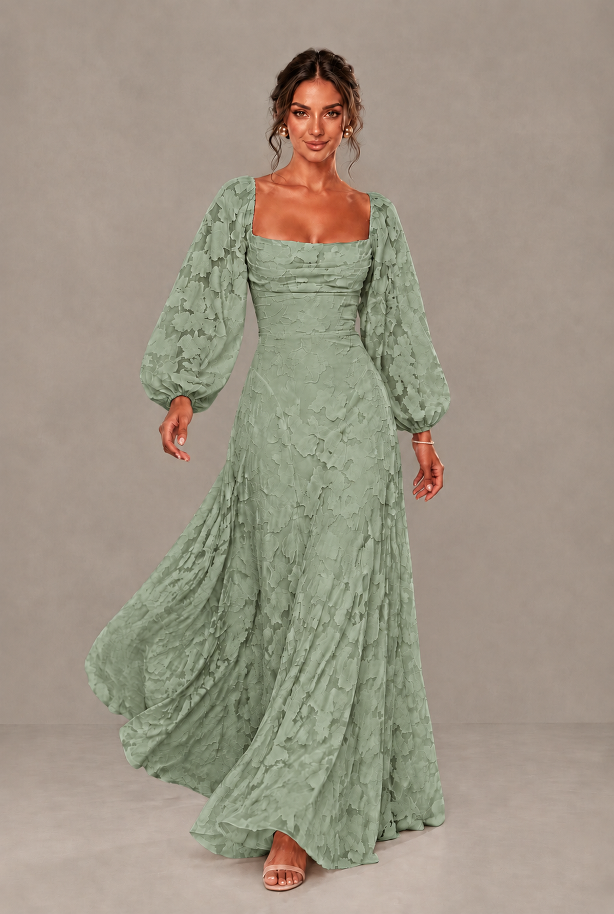 BOLODOO Floral Sage Green Long Sleeve A-Line Dress with Lace-Up Back - Sage Green
