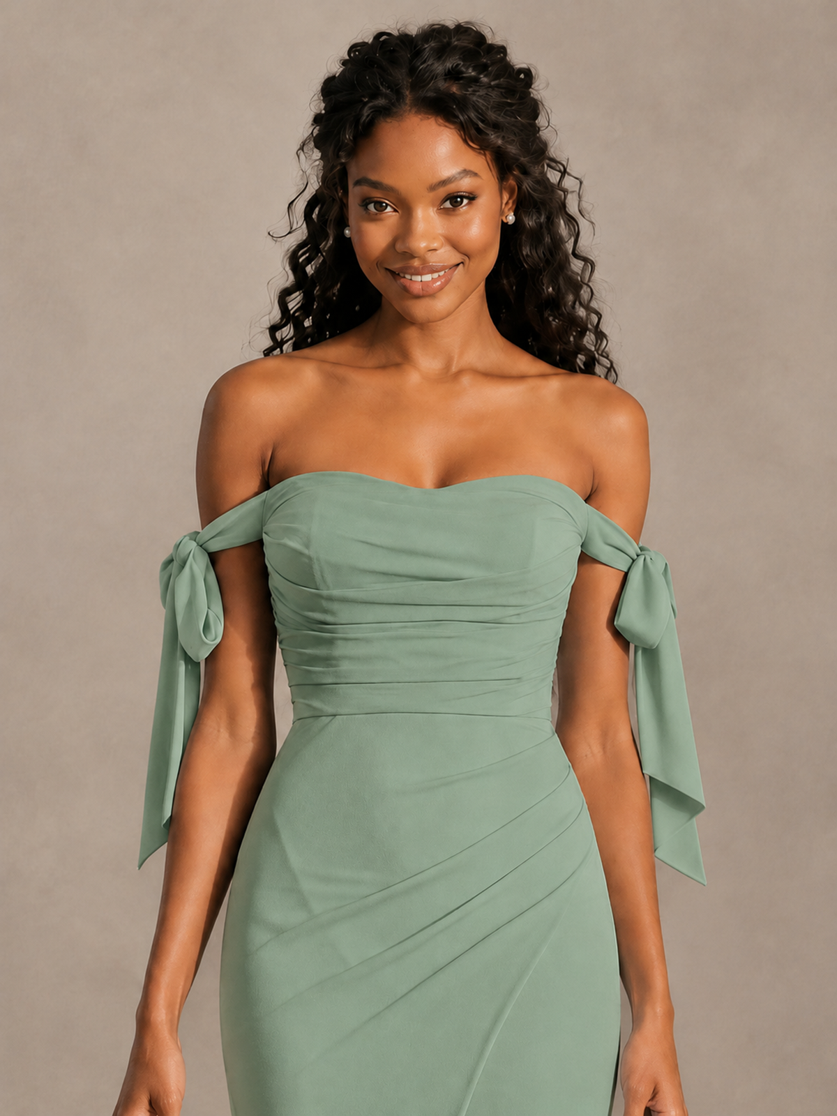 Sage Green Off-Shoulder Bow Bridesmaid Dress with Slit - Sage Green - Sage Green (4)