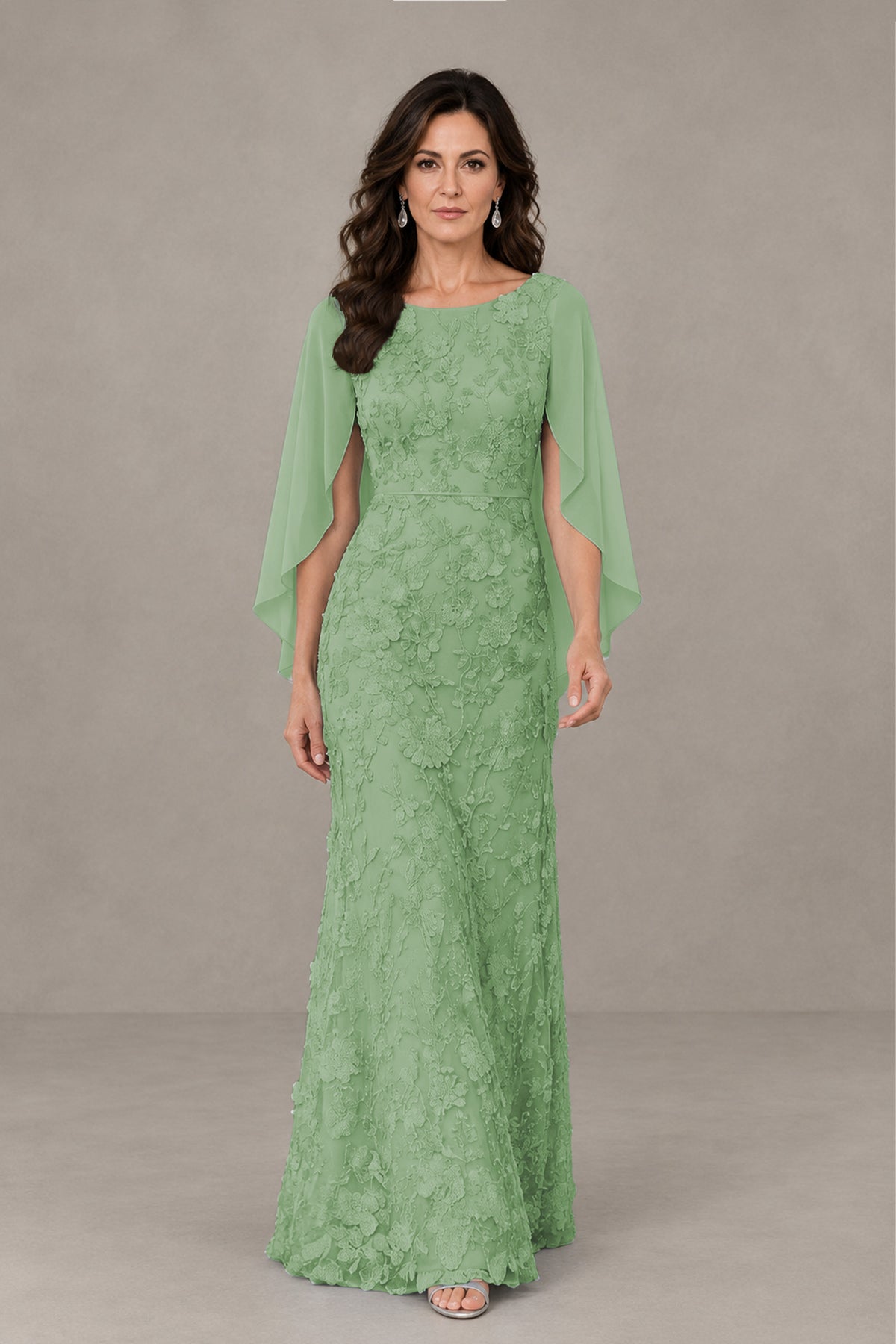BOLODOO Sage Green Lace Mother of the Bride Dress with Cape Sleeves - Sage Green