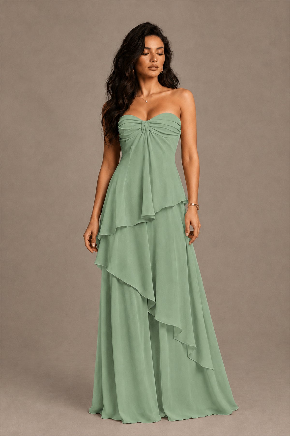 BOLODOO Sage Green Strapless Sweetheart Knotted Chiffon Tiered Maxi Dress with Lace-Up Back - Sage Green