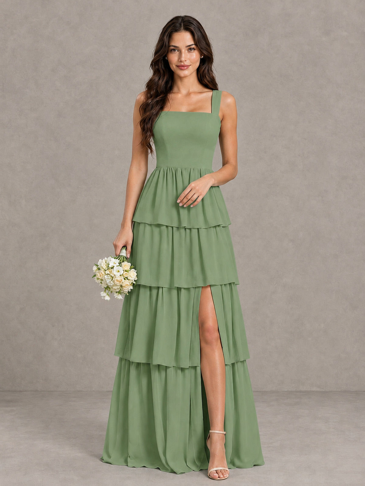BOLODOO Sage Green Square Neck Tiered Bridesmaid Dress with Slit - Sage Green - Sage Green (4)