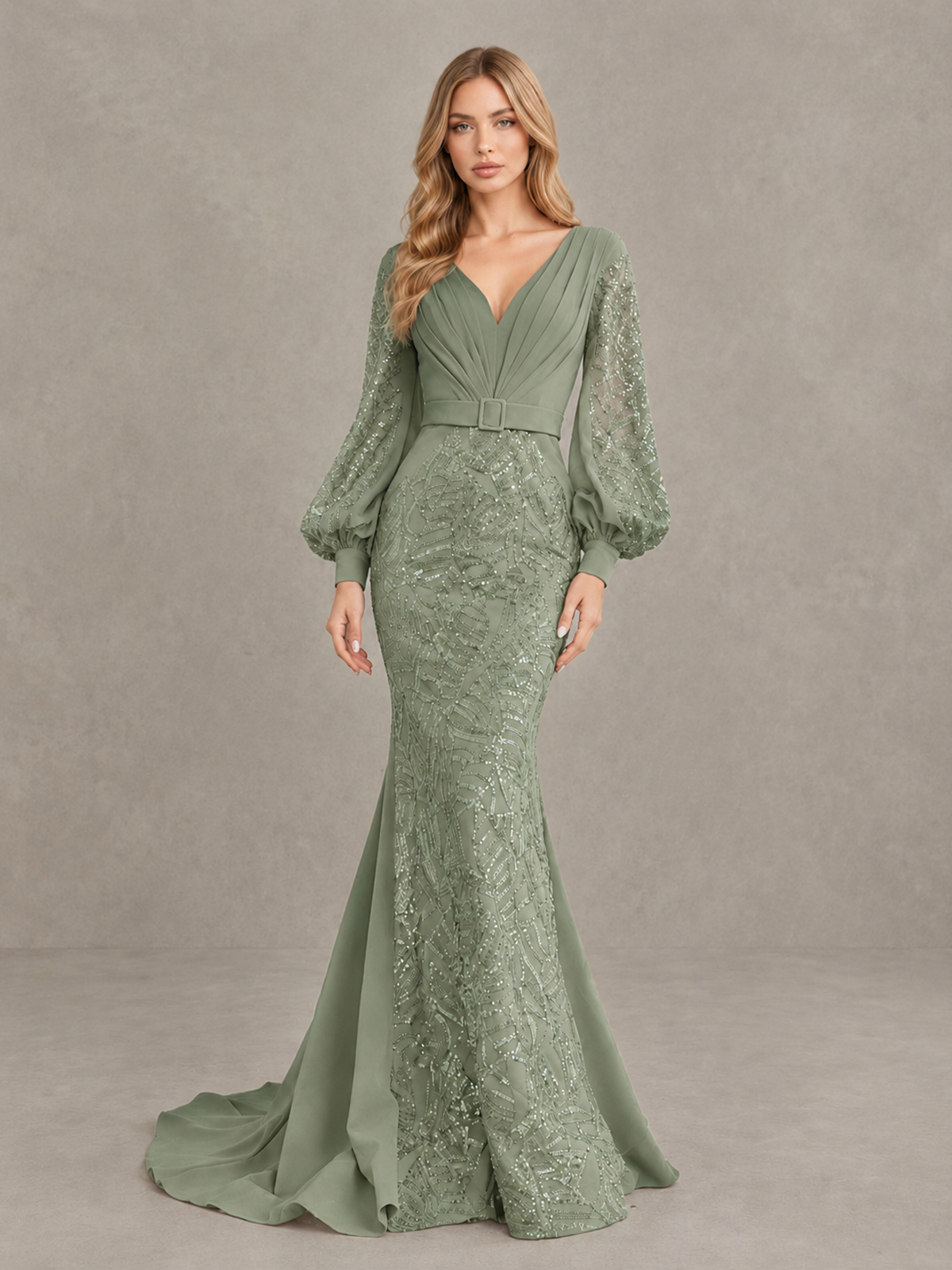 BOLODOO Sage Green Sequin Long Bishop Sleeve Mermaid Evening Dress - Sage Green - Sage Green (4)