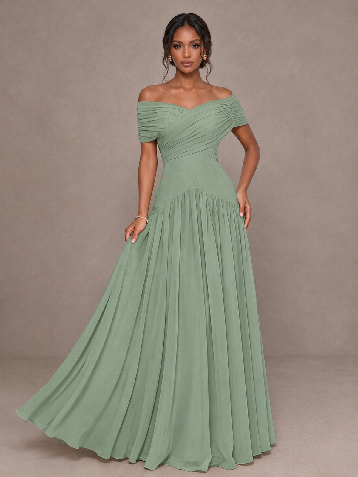 BOLODOO Sage Green Off-Shoulder Ruched A-Line Bridesmaid Dress - Sage Green - Sage Green (4)