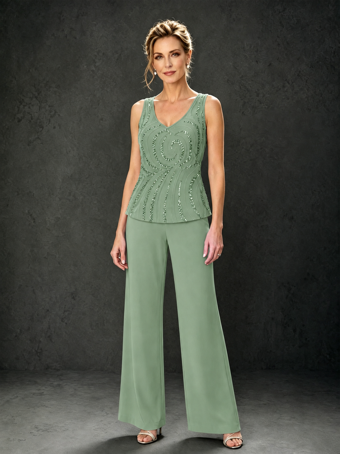 BOLODOO Sage Green 3-Piece Mother of the Bride Pant Suit with Beaded Top & Chiffon Jacket - Sage Green