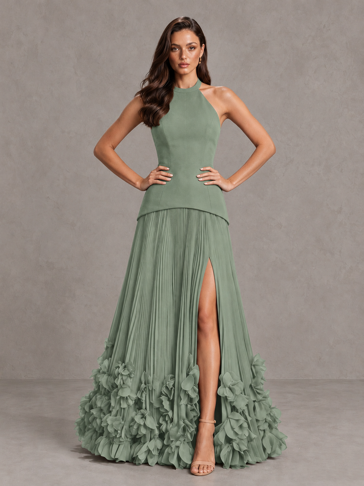 BOLODOO Sage Green Halter Neck Floor-Length Evening Gown with High Slit & 3D Floral Hem - Sage Green - Sage Green (4)