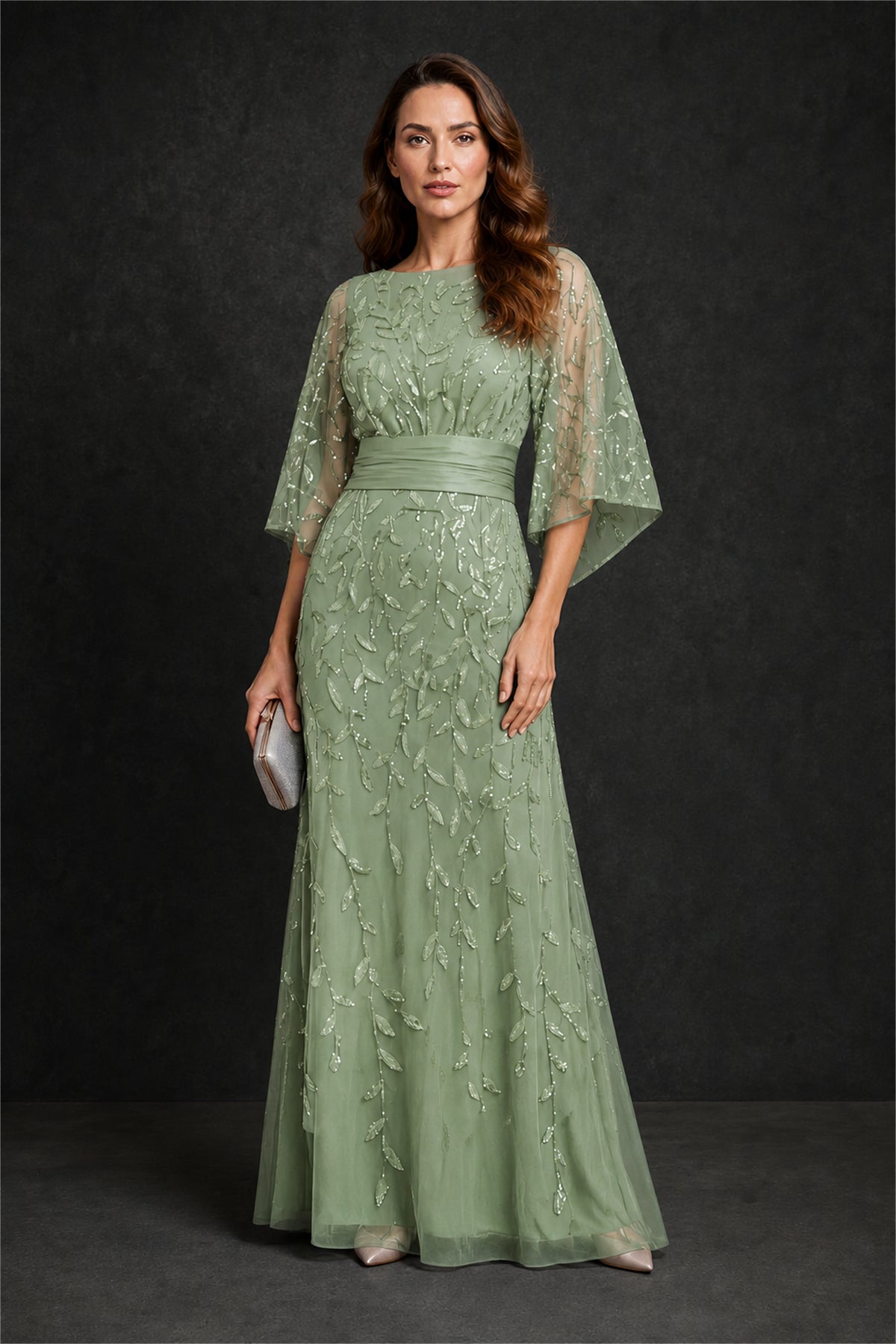 BOLODOO Sage Green Bateau Neck Bell Sleeve Sequin Embroidered Satin Waist A-Line Maxi Dress - Sage Green