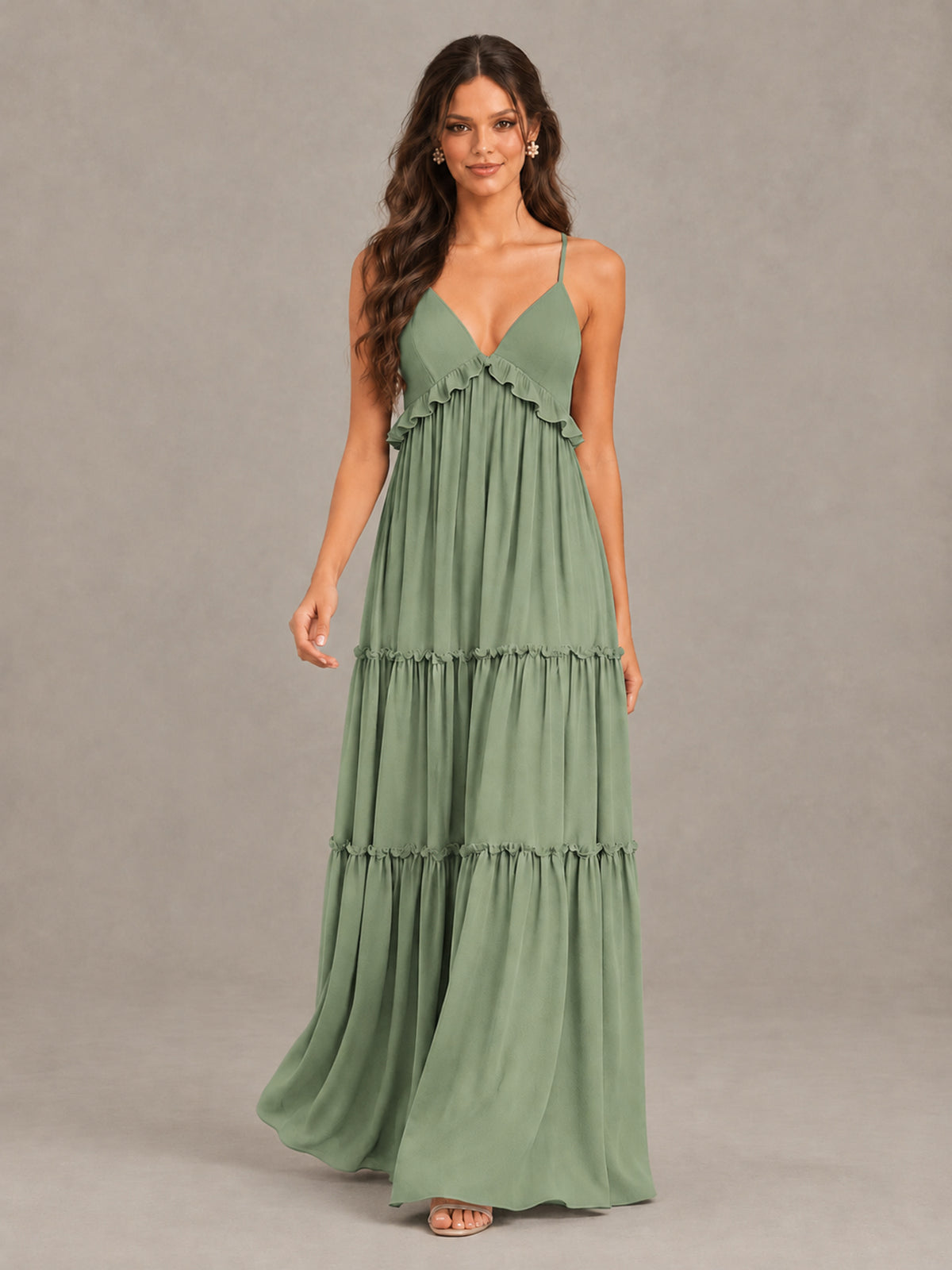 BOLODOO Sage Green Tiered V-Neck Lace-Up Back Bridesmaid Dress - Sage Green - Sage Green (4)