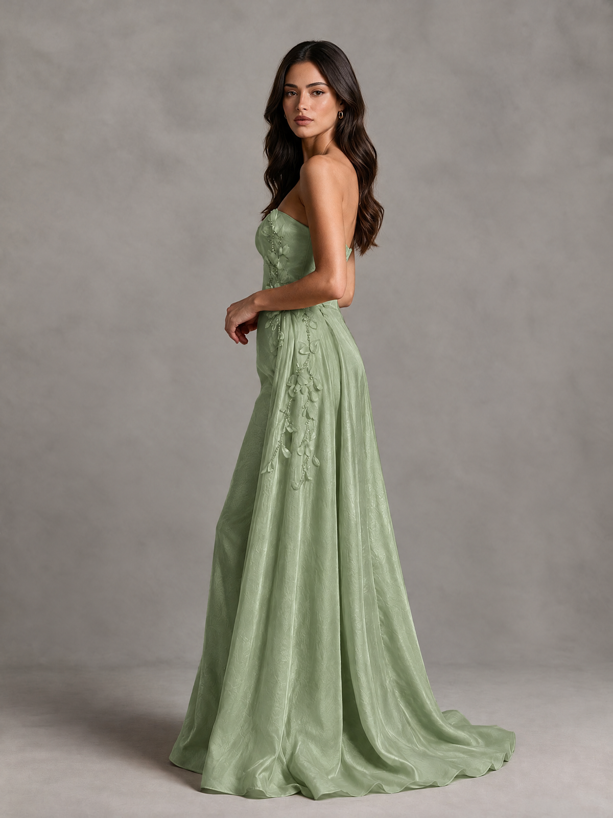 BOLODOO Sage Green Strapless Floral Applique Prom Dress with Overskirt - Sage Green - Sage Green (4)