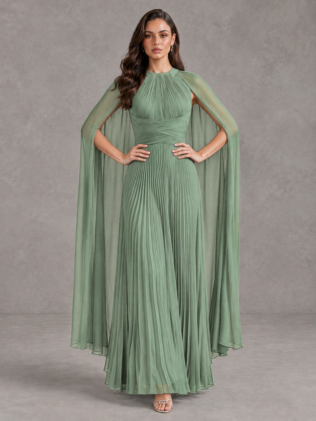 BOLODOO Sage Green Pleated Cape Maxi Wedding Guest Dress - Sage Green - Sage Green (4)