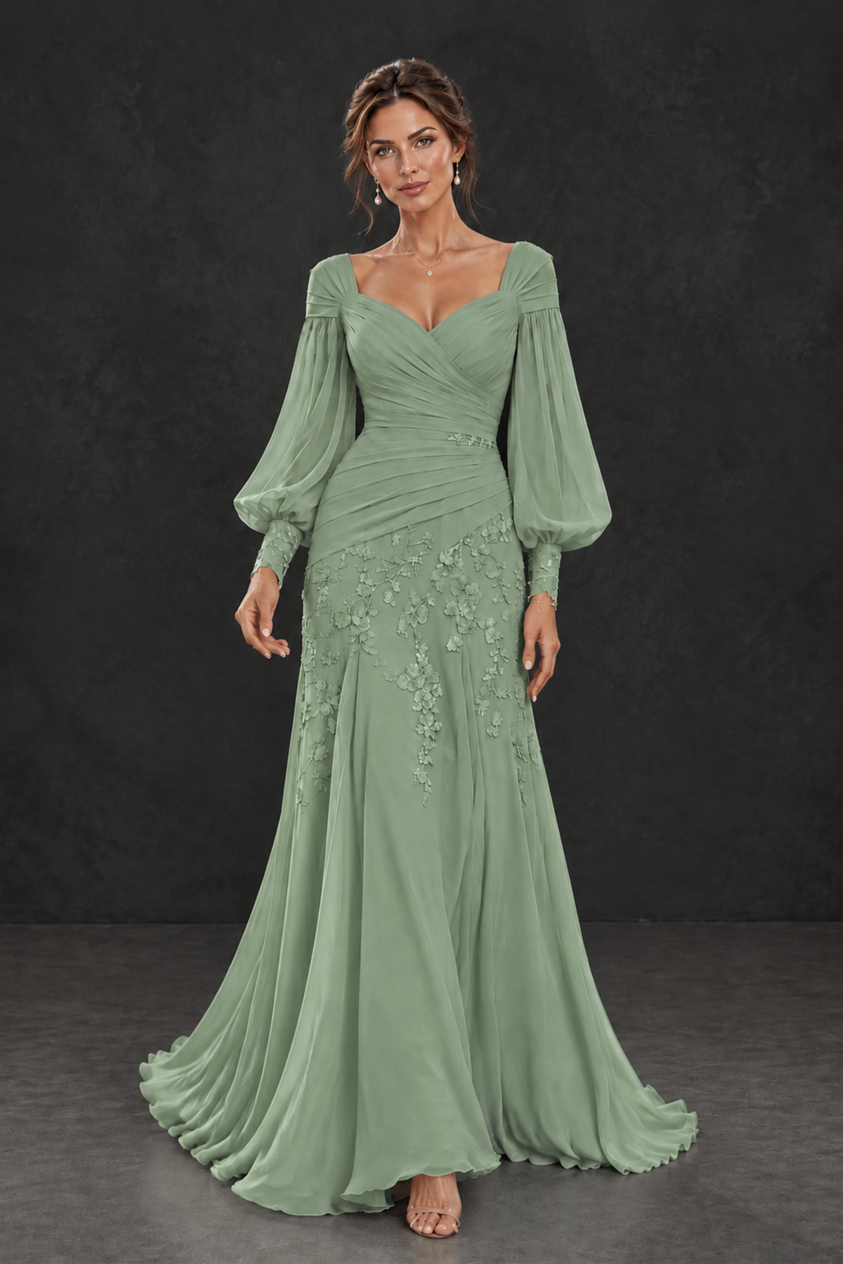 BOLODOO Sage Green Long Sleeve Mother of the Bride Dress with Floral Appliqués - Sage Green - Sage Green (4)