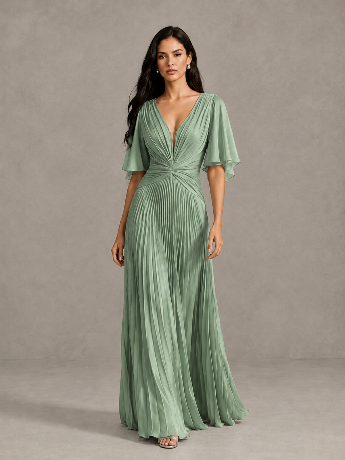 BOLODOO Sage Green Pleated V-Neck Flutter Sleeve Bridesmaid Dress - Sage Green - Sage Green (4)
