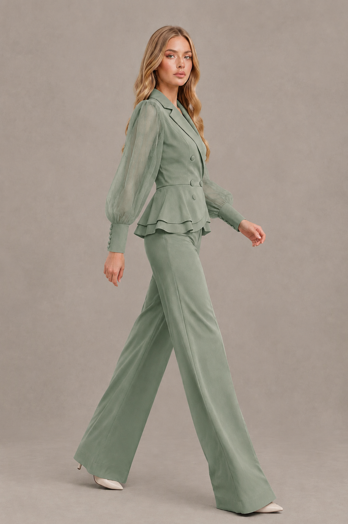 BOLODOO Mint Sage Green Peplum Blazer Wide-Leg Pantsuit with Sheer Puff Sleeves - Sage Green