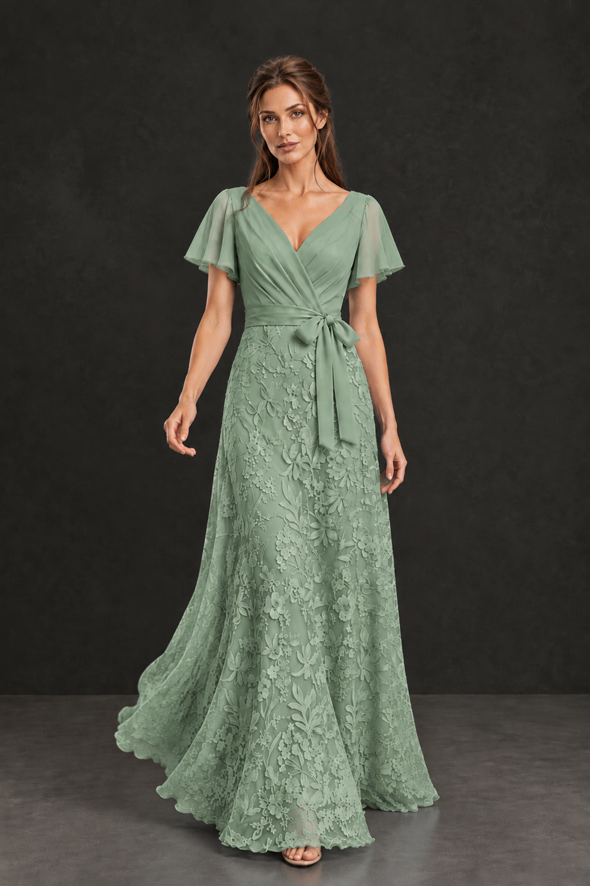 BOLODOO Sage Green Flutter Sleeve Lace Mother of the Bride Dress - Sage Green