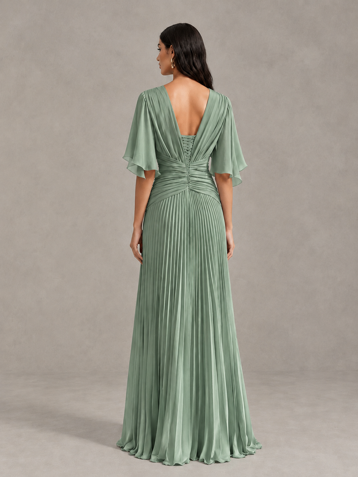 BOLODOO Sage Green Pleated V-Neck Flutter Sleeve Bridesmaid Dress - Sage Green - Sage Green (4)