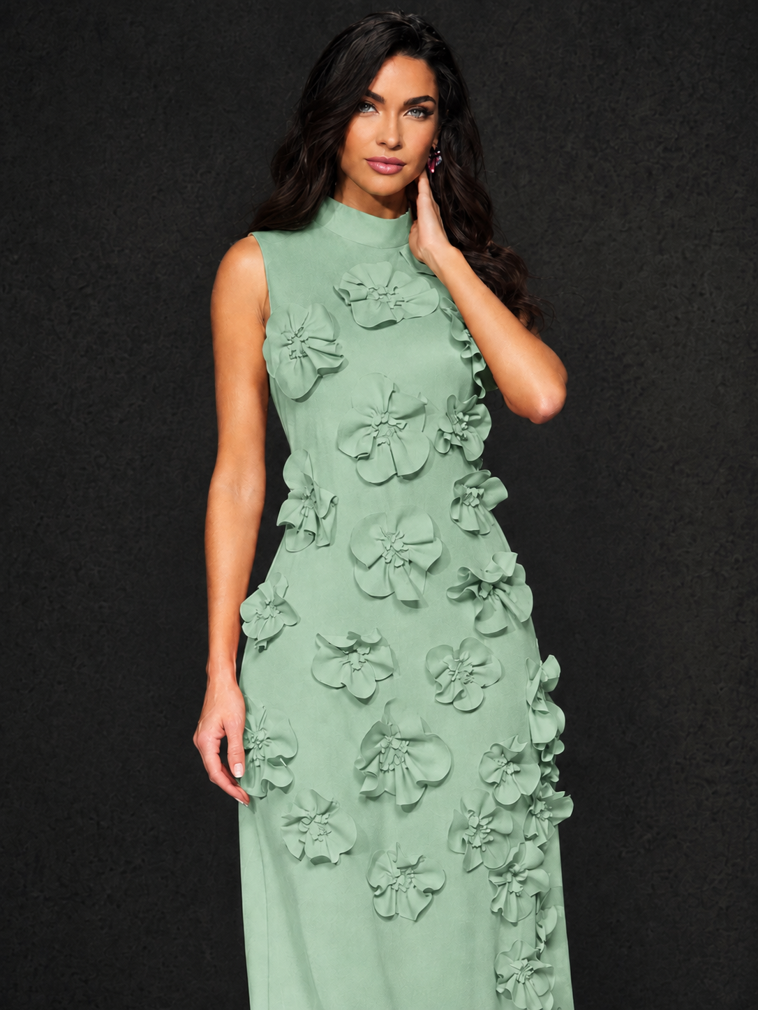 BOLODOO Sage Green Mock Neck Sleeveless 3D Floral Appliqué Maxi Dress with Bow Back - Sage Green