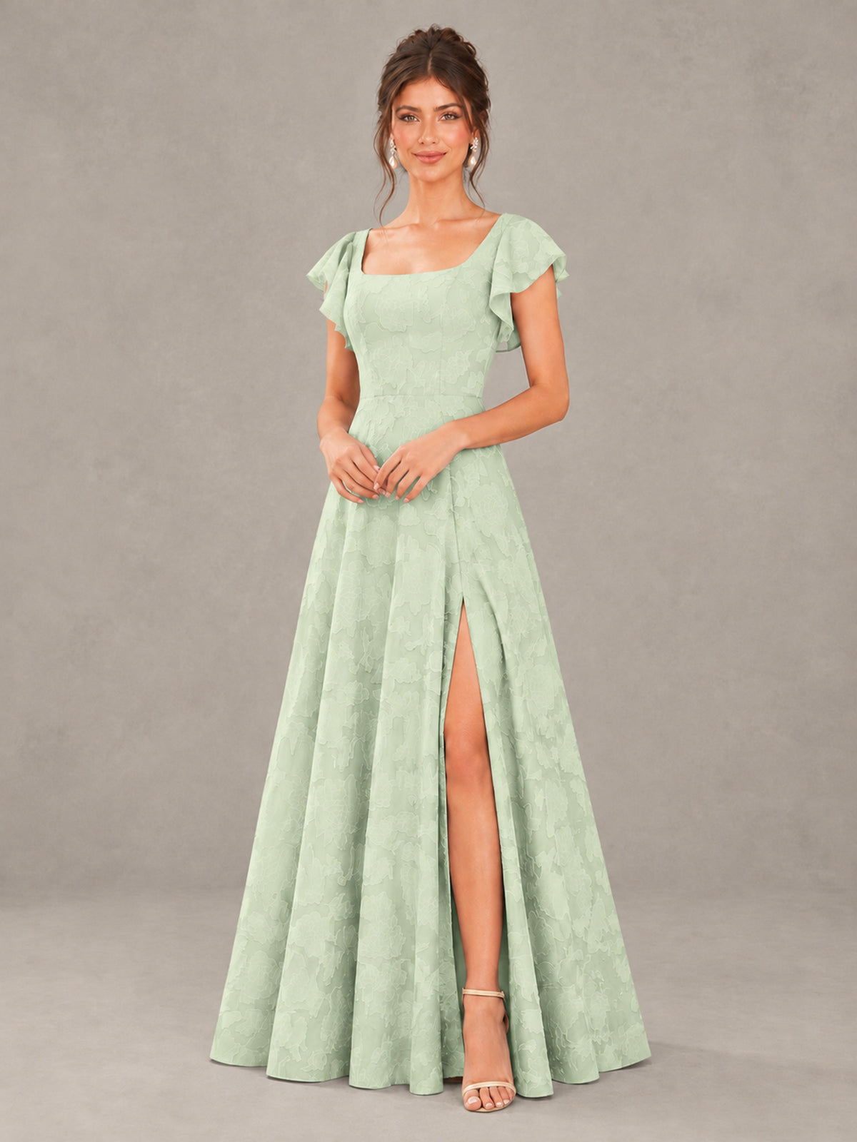 BOLODOO Sage Green Floral Flutter Sleeve Bridesmaid Dress with Slit - Sage Green - Sage Green (4)