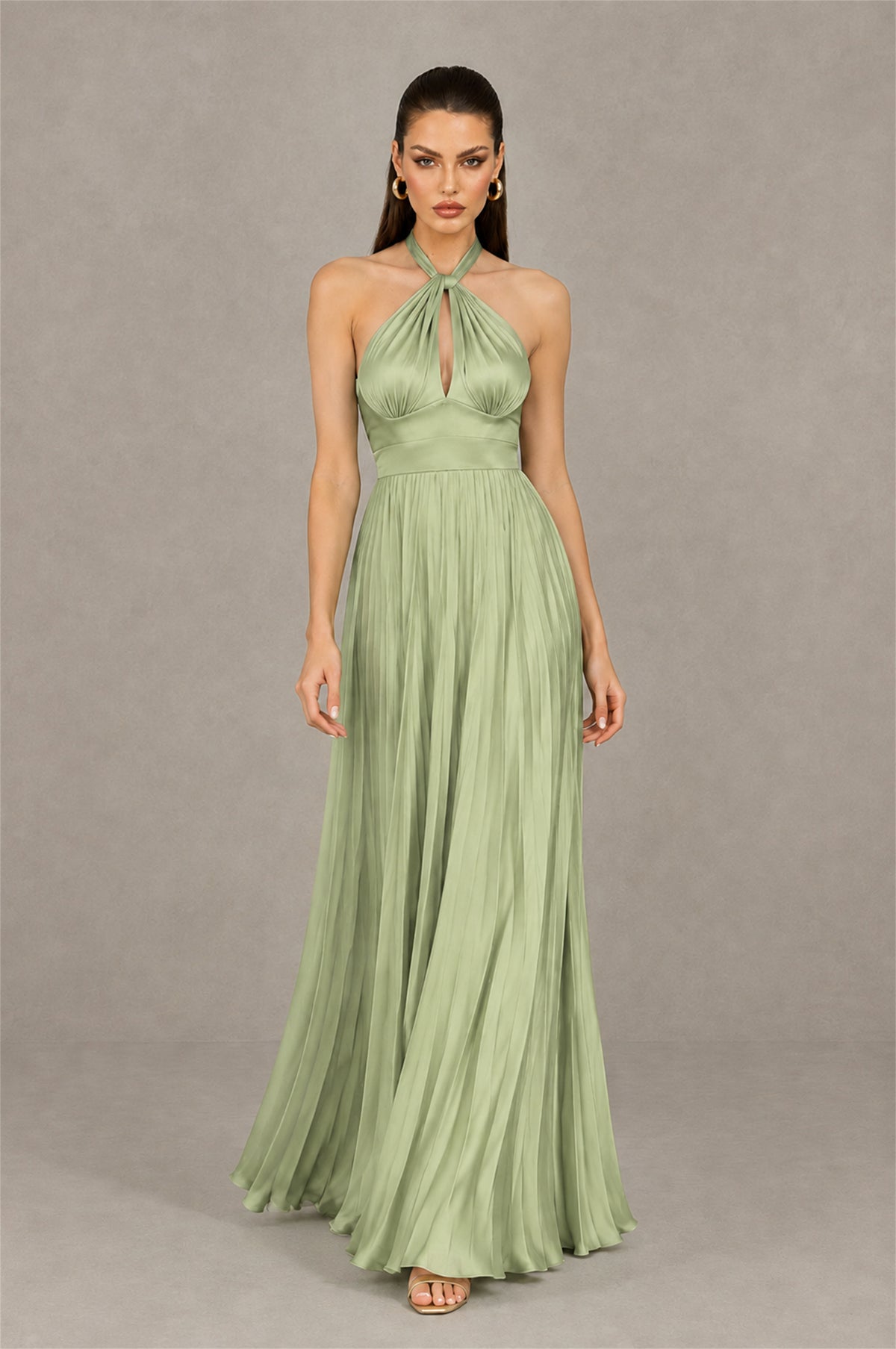 BOLODOO Sage Green Halter Pleated A-Line Evening Dress - Sage Green - Sage Green (4)