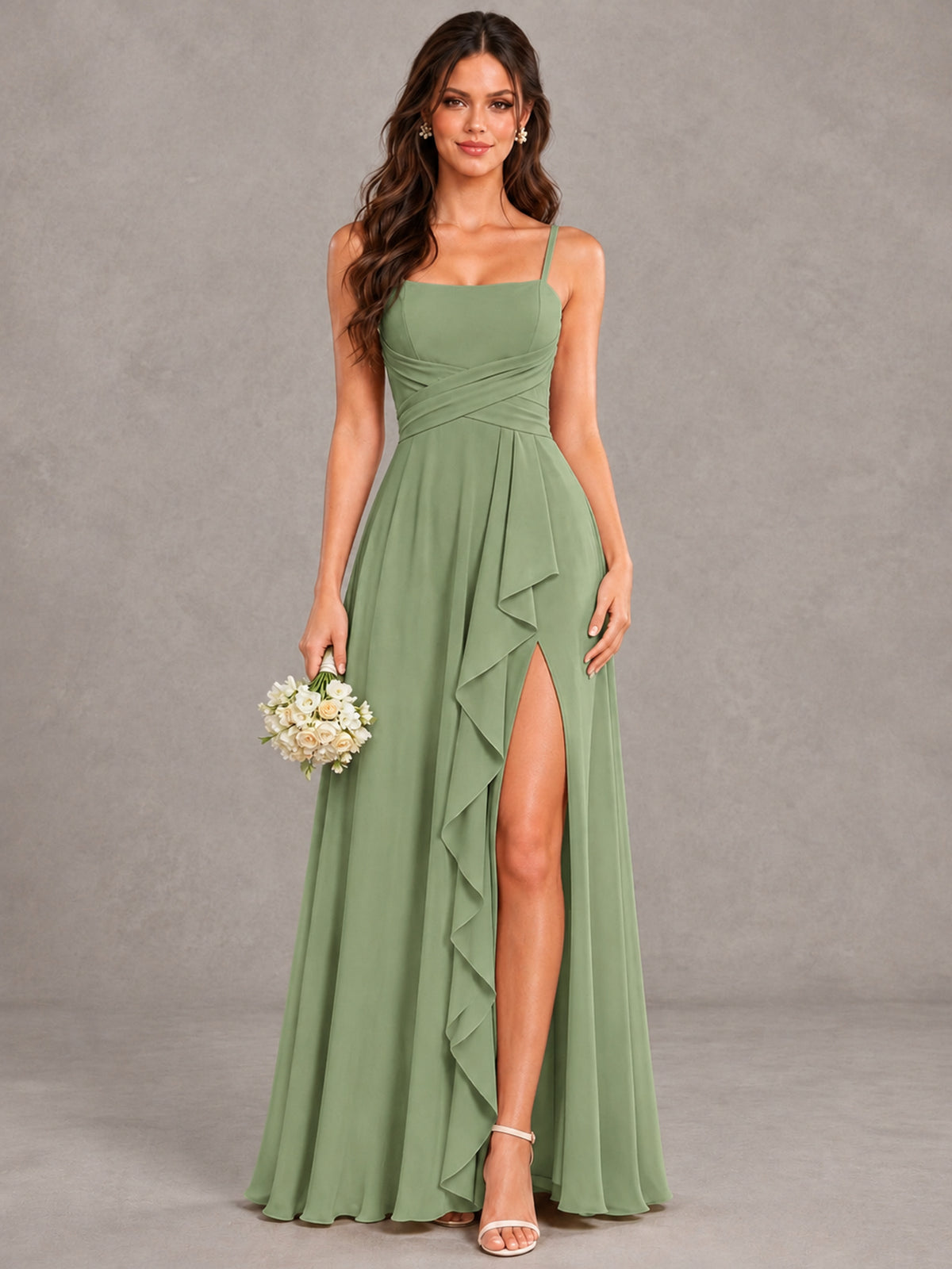BOLODOO Sage Green Spaghetti Strap Ruffle Bridesmaid Dress with Slit - Sage Green - Sage Green (4)