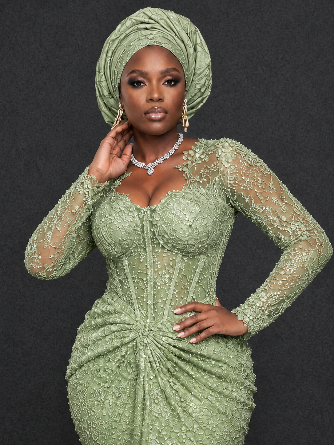 BOLODOO Sage Green Beaded Lace Long Sleeve Mermaid Gown Sweetheart | Mother of the Bride - Sage Green
