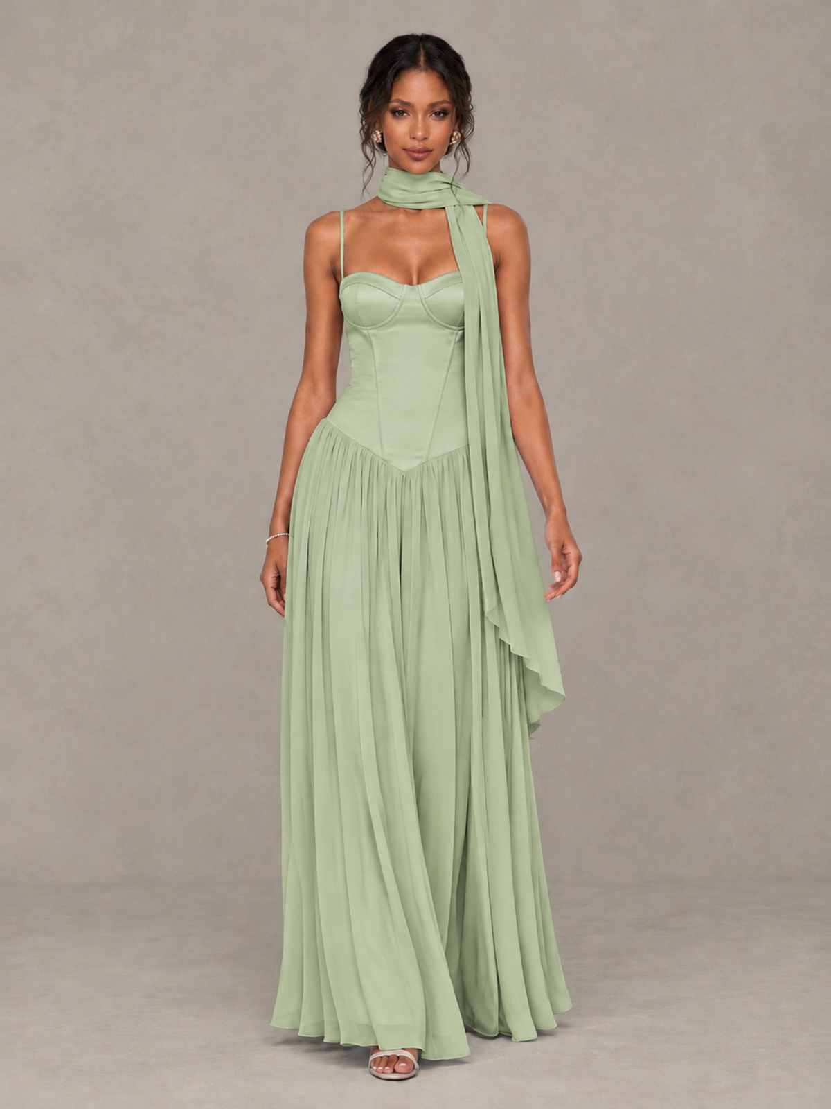 BOLODOO Sage Green Corset Bridesmaid Dress with Scarf - Sage Green - Sage Green (4)